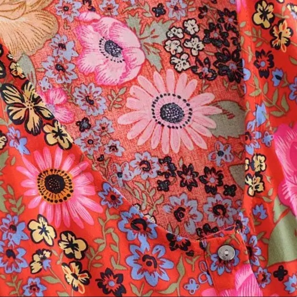 Tiered V Neck Boho Floral Gypsy Print Dress Red - Picture 6 of 10